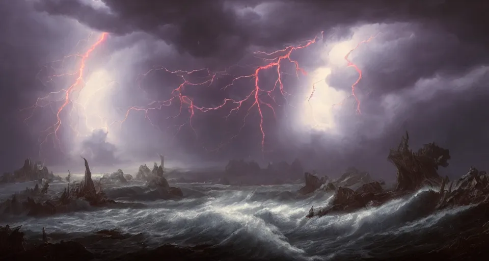 Image similar to eldritch, flying island, windy, by eugene von guerard, ivan shishkin, night, red lightning!!, storm!, dramatic lighting, concept art, trending on artstation, 8 k