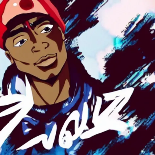 Image similar to Tupac Shakur, screenshot from a 2012s anime