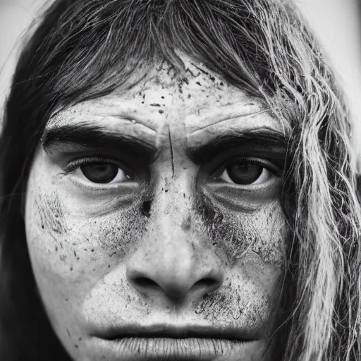 Prompt: minimalist photography portrait of a neanderthal woman, symmetrical, super close up, facial scar, mid thirties, freckles, cute round slanted eyes, sunburn, wide nostrils, high cheekbones, high flat eyebrows, ethereal essence, angelic, leica 1 0 0 mm f 0. 8