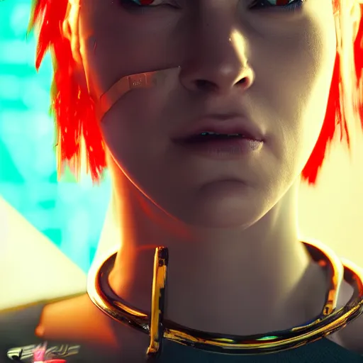 Image similar to female V from Cyberpunk 2077 wearing spiked black choker around neck, realistic, art, beautiful, 4K, HD, collar, technological,