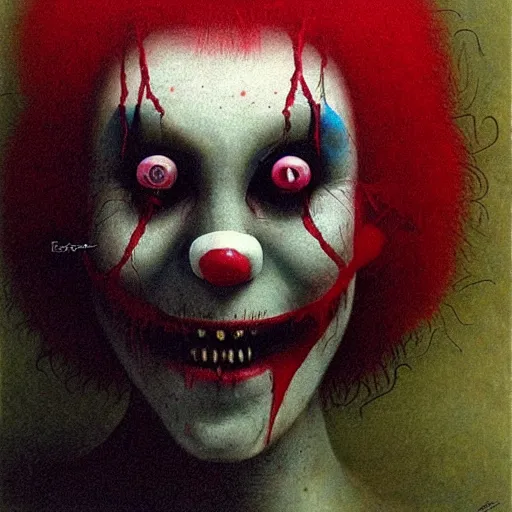 Prompt: evil beautiful female clown by Beksinski