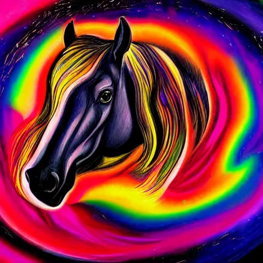 Image similar to psychedelic portrait painting of a horse emerging from a black hole in space