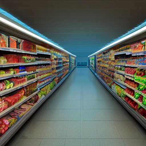 Prompt: grocery store aisle at the bottom of the ocean, cinematic movie scene, 120mm wide shot, precise architectural rendering, concept art, unreal engine, octane render, god rays