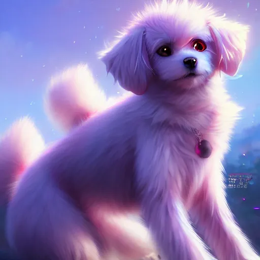 Image similar to advanced full body digital anime art, cute anime female dog hybrid, short white hair, purple watery eyes, dog paws for arms and legs and a big dog tail , full round face :: cinematic lighting, rim lighting, very highly intricately detailed, trending on pixiv :: Steven Artgerm Lau, WLOP, RossDraws, RuanJia, James Jean, Andrei Riabovitchev, Totorrl, Marc Simonetti, Visual Key, and Sakimichan