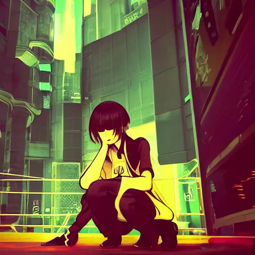 Image similar to Frequency indie album cover, luxury advertisement, yellow filter. Clean and detailed post-cyberpunk sci-fi close-up schoolgirl in asian city in style of cytus and deemo, blue flame, relaxing, calm and mysterious vibes, by Tsutomu Nihei, by Yoshitoshi ABe, by Ilya Kuvshinov, by Greg Tocchini, nier:automata, set in half-life 2, Matrix, GITS, Blade Runner, Neotokyo Source, Syndicate(2012), dynamic composition, beautiful with eerie vibes, very inspirational, very stylish, with gradients, surrealistic, dystopia, postapocalyptic vibes, depth of field, mist, rich cinematic atmosphere, perfect digital art, mystical journey in strange world, beautiful dramatic dark moody tones and studio lighting, shadows, bastion game, arthouse