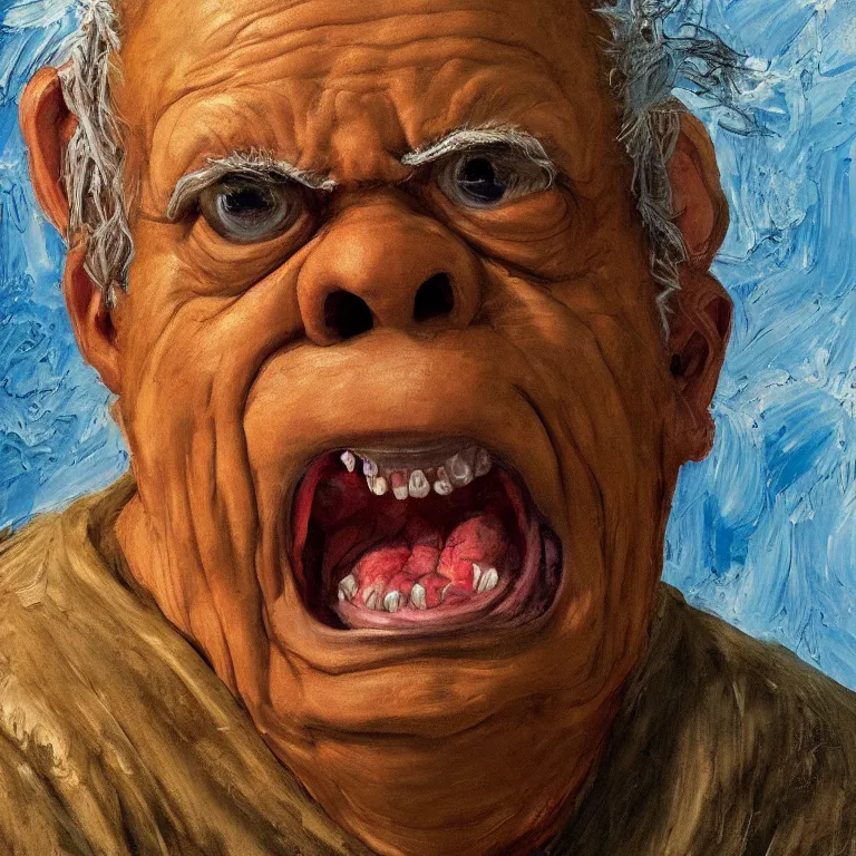 Image similar to warmly lit close up studio portrait of very old angry! Sully from Monster's Inc age 115 angrily singing, impasto oil painting thick brushstrokes by Cy Twombly and Anselm Kiefer , trending on artstation dramatic lighting Expressionism