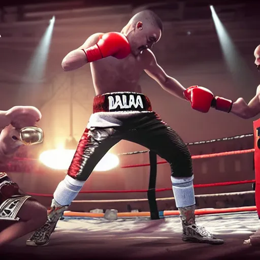 Image similar to concept art of the AI Dalle vs StableDiffusion in a boxing match, unreal engine 5, fantasy, high detail, award winning