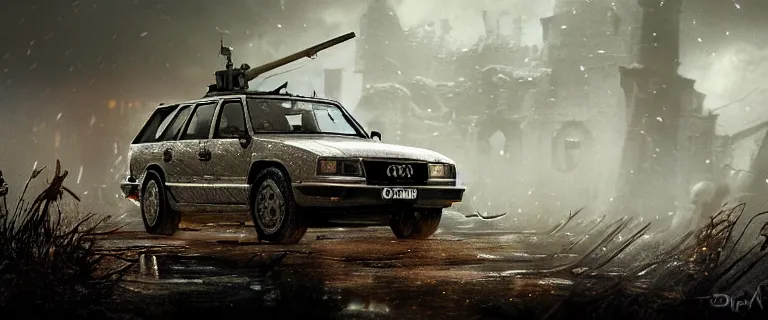 Image similar to Armored and Armed Military Audi 80 B3 Avant (1988) with a mounted M249 with soldiers on, Dark Souls 3, Eldritch Horrors, Wretched and Corrupted Knights, Battle, Fight, gunshots fired, a grim fantasy, Anor Londo, dramatic lighting, cinematic, establishing shot, extremely high detail, photorealistic, cinematic lighting, artstation, by simon stalenhag