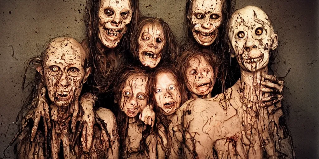 Image similar to studio portrait of a happy creepy mud family by bob bottin and cronenberg, horror grotesque, realistic detailed photography, filth and grim, colorized 1 9 9 0's