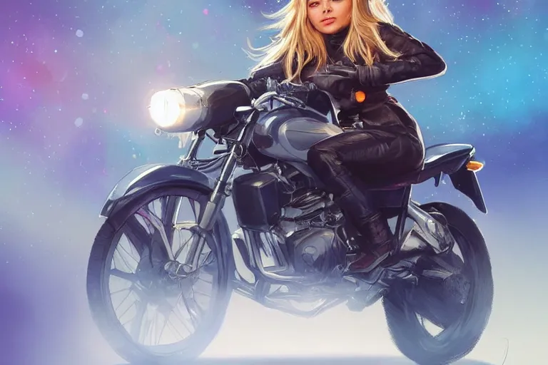 Image similar to chloe grace moretz is riding a motorbike, digital painting, artstation, the space background, concept art, by artgerm hyperdetailed trending on artstation trending on deviantart