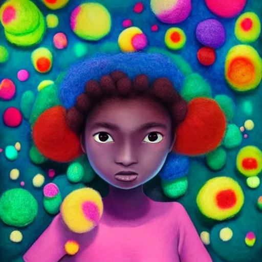 Image similar to a girl with a big colorful! dream a black girl with a colorful afro and big beautiful eyes, in a candy forest! at night, bright colours, watercolor, volumetric wool felting, macro photography, children illustration, by goro fujita