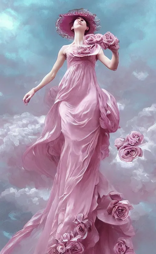 Image similar to delicate !!beautiful!! woman dressed in a vaporous wrapped large victorian pink roses silk semi-transparent dress fashion is running, fantasy, intricate, elegant, highly detailed, digital painting, trending on artstation, concept art, matte, sharp focus, illustration, art by Artgerm and Greg Rutkowski and Alphonse Mucha, trending on instagram, art nouveau