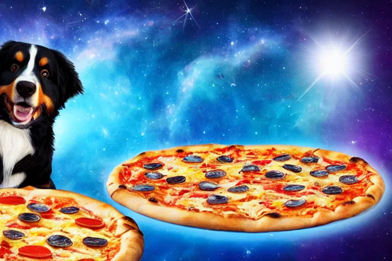 Image similar to a bernese mountain dog standing on a pizza in outer space. the dog is eating a piece of pizza. pizza slices flying with angel wings in background, dark cyan galaxy and stars in background, 4 k photoshopped image, look at that detail