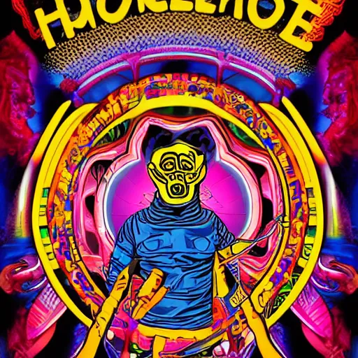 Prompt: the homepride man dmt psychedelic poster art