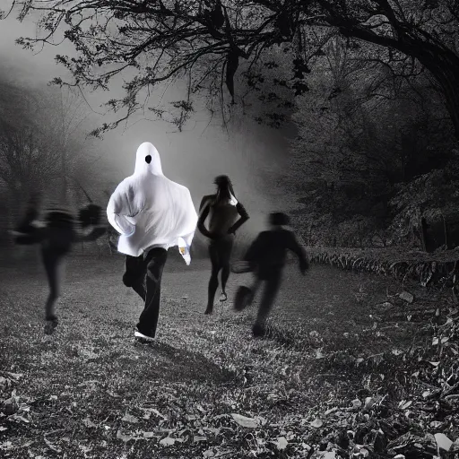 Image similar to cinematic lighting photograph of proffesional Ghost hunters running away from a person wearing a haloween ghost costume chasing them