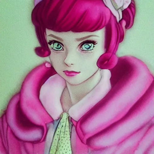 Image similar to beautiful pink little girl, profile picture, vintage fashion, highly detailed, reflection, realistic artwork, hd, inspired by jojo bizarre adventure