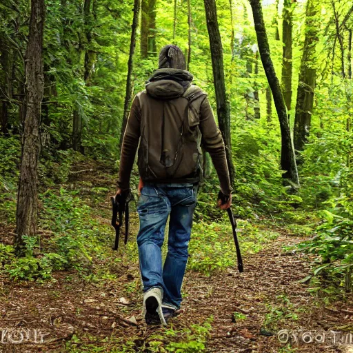 Image similar to modern day hunter, walking through the woods.