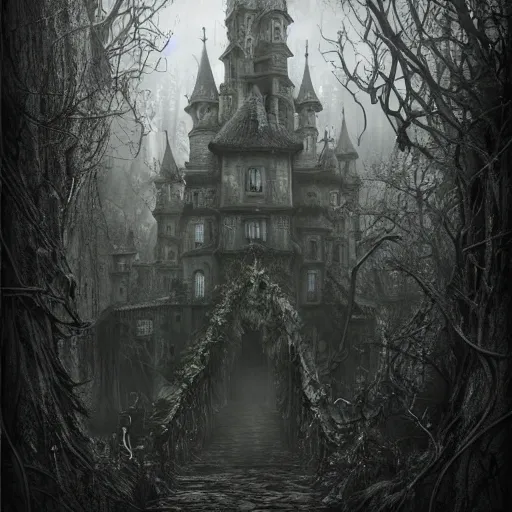 Prompt: mystical baroque castle in haunted swamp surrounded by dense forest with vines, creepy ambiance, desaturated, highly detailed, sharp focus, brutalist architecture, by artgerm, cgsociety