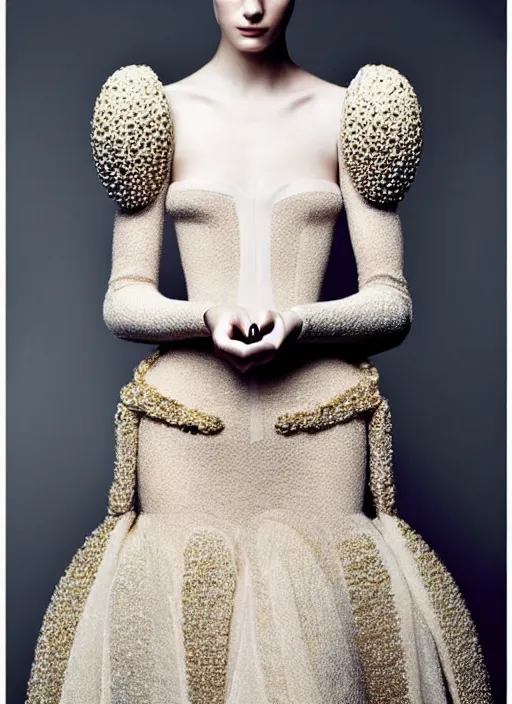 Prompt: glorious and luxurious haute couture dress on pale woman with smooth skin, alexander mcqueen, portrait, voluminous, masterpiece, intricate