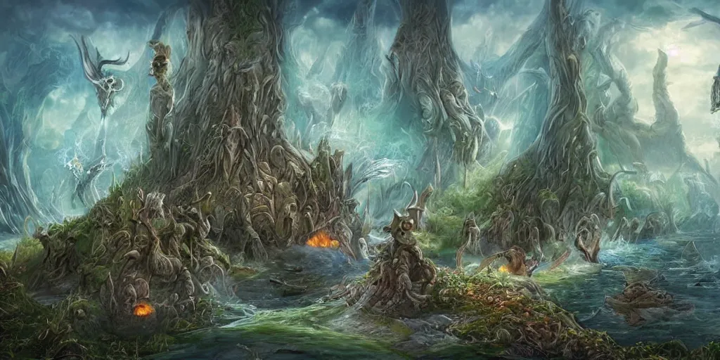 Image similar to a never - ending fantasy art, depicting scenes and creatures from otherworldly realms.