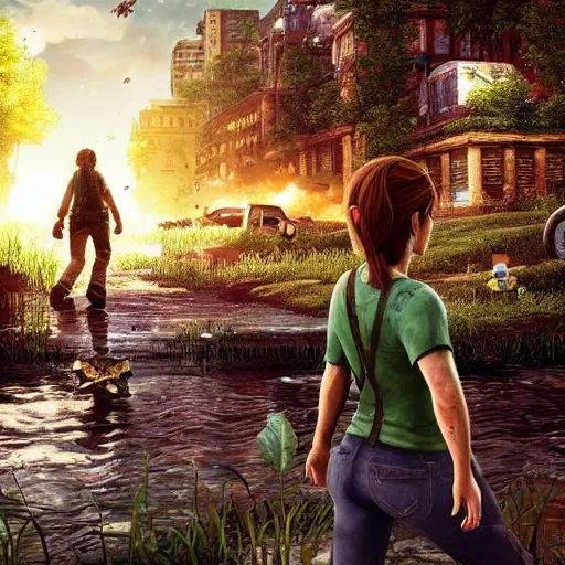 Image similar to Photo of Ellie (The Last of Us) walking through a realistic Super Mario Bros World 1-1