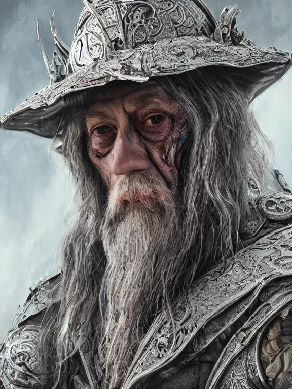 Image similar to portrait art of 8k ultra realistic undead Gandalf, intricate high tech helmet , detailed intricate ornate space suit,decaying, cybernetic, full of colour, cinematic lighting, battered, trending on artstation, 4k, hyperrealistic, focused, extreme details,unreal engine 5, cinematic, masterpiece, art by ayami kojima, giger