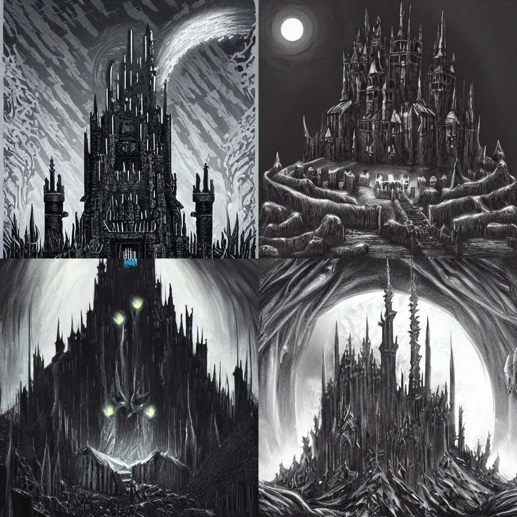 Prompt: A Dark castle of Lich King, in style of Richard Wright