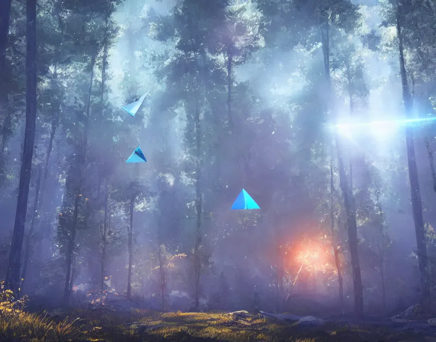 Image similar to flying geometric shiney triangle in forest, beautiful graphics, fantasy artwork, very beautiful scenery, hd, hdr, ue 5, ue 6, unreal engine 5, cinematic 4 k wallpaper, 8 k, ultra detailed, by popular digital, details, beautiful image ever created, high resolution, artstation, award winning