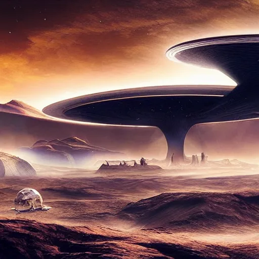 Image similar to alien landscape with a spaceport far on the horizon, epic lighting, elegant, calm, artwork by Charles Vacher