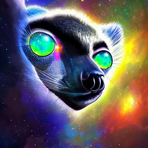 Image similar to geometric lemur with galaxy eyes in space, nebula in the background, intricate, elegant, highly detailed, digital painting, artstation, concept art, smooth, sharp focus, illustration, art by artgerm