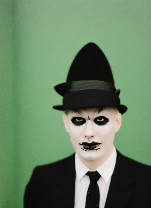 Prompt: a fashion portrait photograph of a man in a black suit wearing a black bowler hat with face painted as a green apple, 3 5 mm, color film camera,