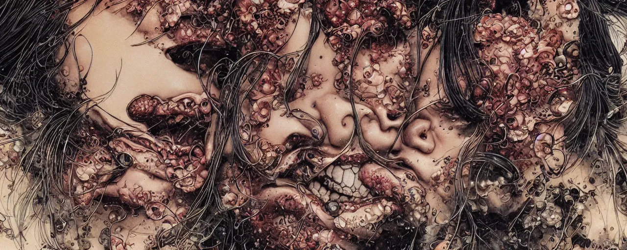 Image similar to closeup of face melting and tongues, by yoichi hatakenaka, masamune shirow, josan gonzales and dan mumford, ayami kojima, takato yamamoto, karol bak