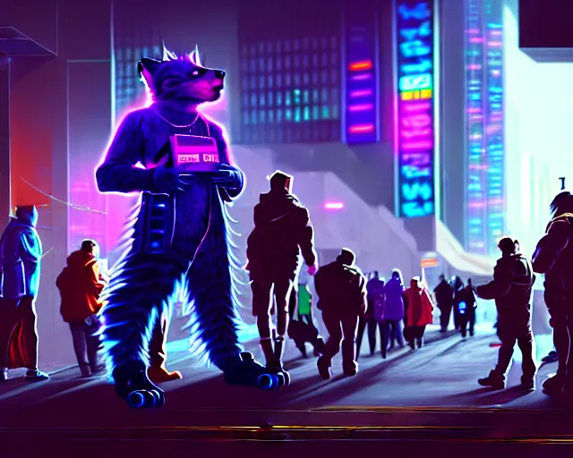 Image similar to high - resolution photograph from a cyberpunk era furry fandom convention ( midwest furfest 2 0 4 7 ), taking place after the genetic revolution and quantum singularity. photorealistic.