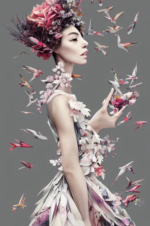 Image similar to fashion illustration of a beautiful girl wearing an origami dress, eye - level medium shot, fine floral ornaments in cloth and hair, hummingbirds, elegant, by eiko ishioka, givenchy, by peter mohrbacher, centered, fresh colors, origami, fashion, detailed, playful, dreamy, vogue, japanese, reallusion character creator