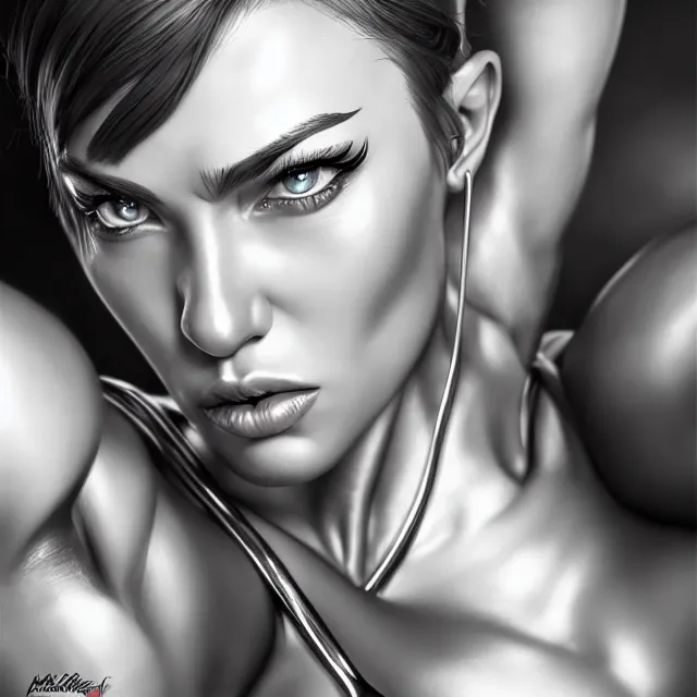 Image similar to muscle girl, chrome, highly detailed, 4 k, hdr, smooth, sharp focus, high resolution, award - winning photo, artgerm, photorealistic