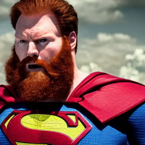 Image similar to angriestpat with red beard starring as superman, movie still, 8 k