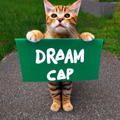 Image similar to realistic high quality photo of a cute cat holding a sign with text that reads : dream cats