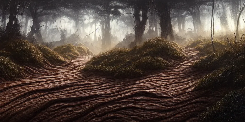 Image similar to hyperrealistic mixed media painting of a dirt trail, stunning 3d render inspired art by P. Craig Russell and Barry Windsor-Smith + dim volumetric lighting, dizzy, full body, 8k octane beautifully detailed render, post-processing, extremely hyperdetailed, intricate, epic composition, grim yet sparkling atmosphere, cinematic lighting + masterpiece, trending on artstation, very very detailed, masterpiece, stunning