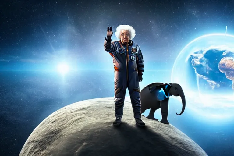 Prompt: still fullbody photo of sad albert einstein in spacesuit in space, flying island at background, flat earth on elephants and turtle at background, highly detailed, photorealistic shot, bright studio setting, studio lighting, crisp quality and light reflections, unreal engine 5 quality render