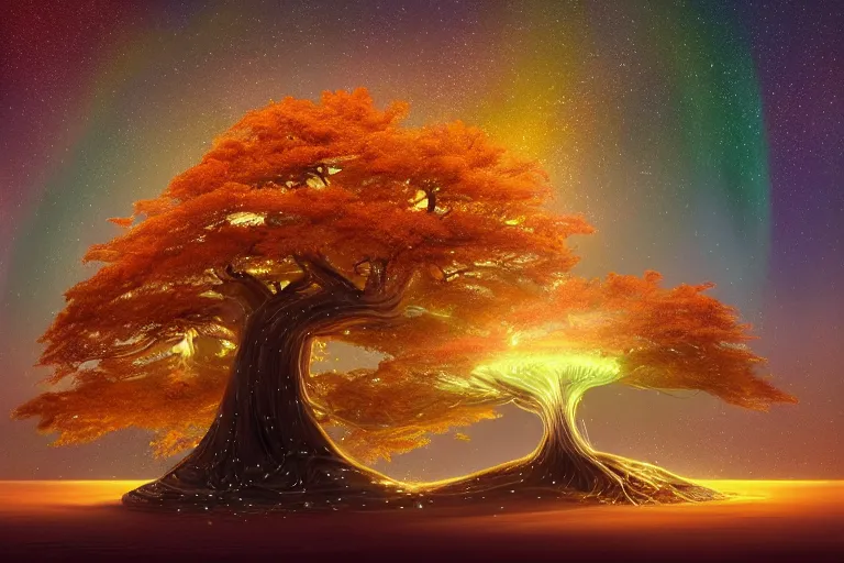 Image similar to caressed by the music of the spheres, sound pours forth like an aurora of gnostic time knowledge, celestial love touches every star, a zen raked sand garden with an autumn maple bonsai that is yggdrasil by jessica rossier