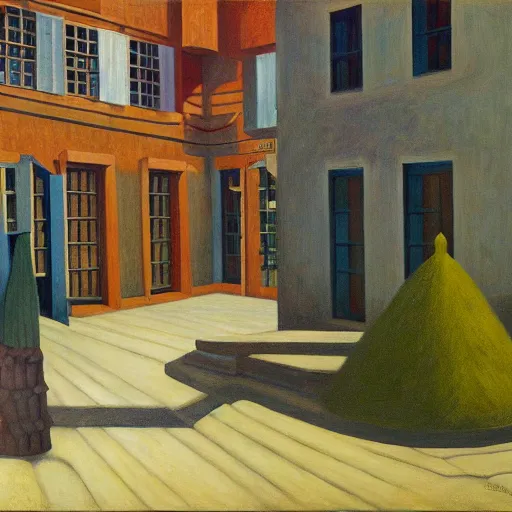 Image similar to fantastical old half - timber courtyard, grant wood, pj crook, edward hopper, oil on canvas