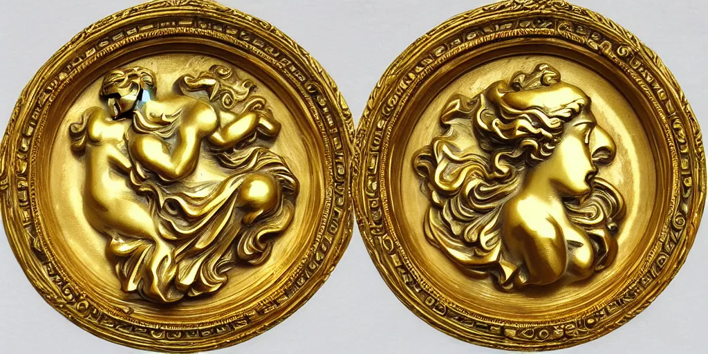 Prompt: Venus Athena beautiful gracious pagans baroque marble and gold medallions in space clouds winged angels greeks, baroque and rococo ornaments, decorative golden elements, ultrarealistic