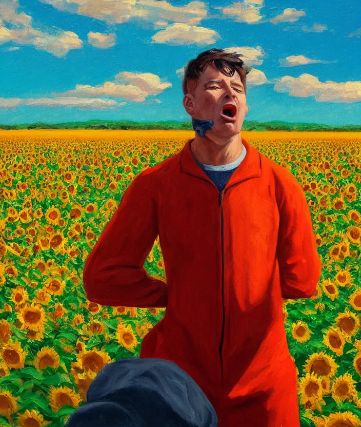 Image similar to a closeup portrait of a man in an orange prisoner overall, standing in beautiful sunflower field, screaming and sad, highly detailed, aesthetic clouds in the sky, in the style of edward hopper, very fine brush strokes, 4 k,