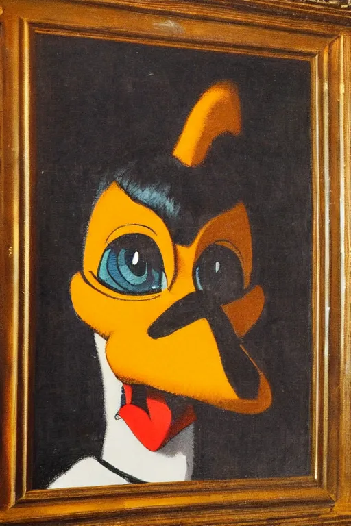 Prompt: a closer personal portrait of daffy duck with very piercing eyes, very charismatic. in the old ancient luxor temple. masterpiece, dark. painted by norman rockwell and james gurney