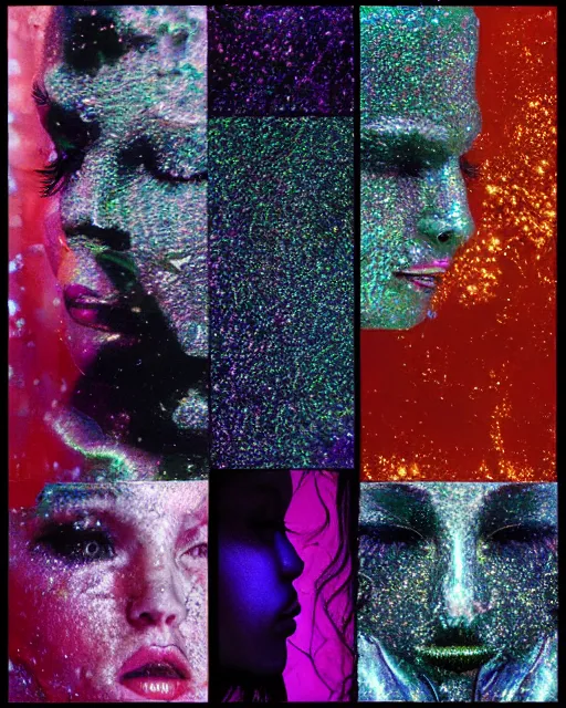 Prompt: singularity, different women's faces, cut and paste collage, liquid metal, frozen, clean glow, hypnotized, cold texture, utopian, low colors, glitched patterns, serene emotions