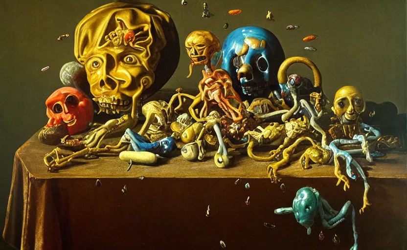 Image similar to disturbing colorful oil painting dutch golden age vanitas still life with bizarre humanoid faces strange objects shiney gooey surfaces shiny metal bizarre insects rachel ruysch dali todd schorr very detailed perfect composition rule of thirds masterpiece canon 5 0 mm, cinematic lighting, photography, retro, film, kodachrome