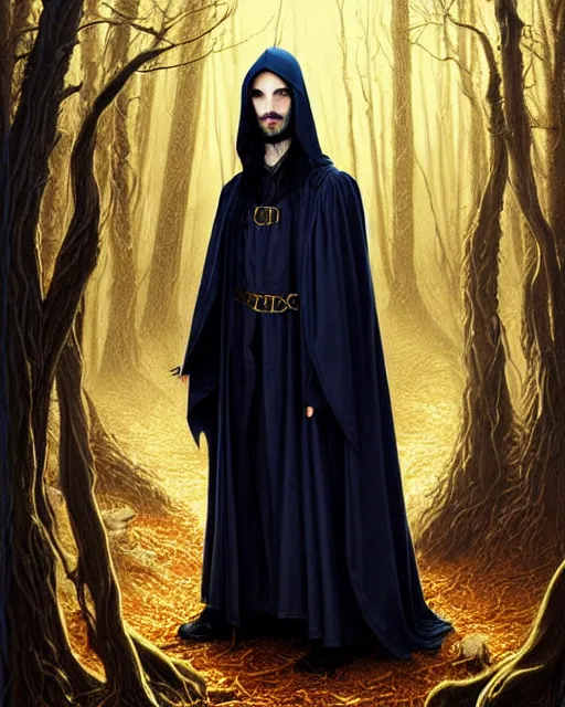 Image similar to wizard tom sturridge, long black hair blue eyes young face wearing cloth mantle gothic navy cloak with gold details, tree town, fantasy character portrait, ultra realistic, intricate, elegant, cinematic lighting, highly detailed, digital painting, artstation, smooth, sharp, focus, illustration, art by artgerm and greg rutkowski and alphonse mucha