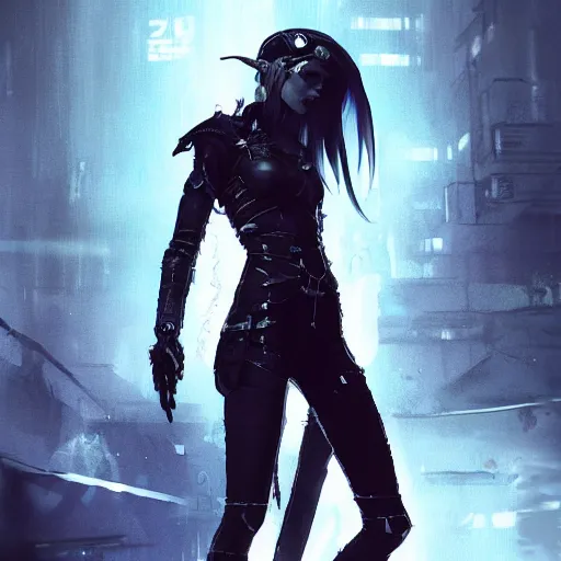 Image similar to full body portrait of an elf woman with elf ears wearing a leather jacket, cyberpunk digital art, dramatic lighting, illustration by Greg rutkowski, yoji shinkawa, 4k, digital art, concept art, trending on artstation