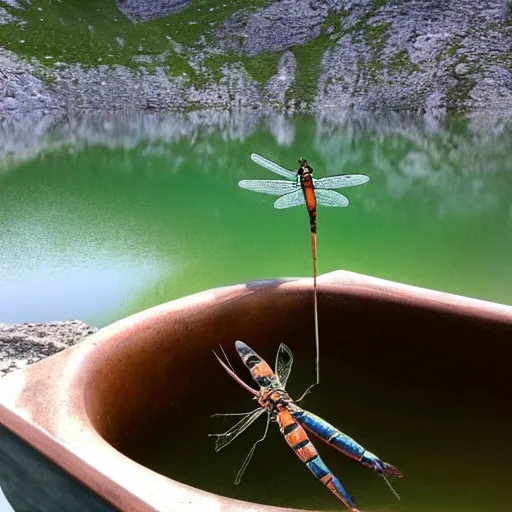 Image similar to dragonfly in a bathtub in the alps, big goat!!!!!!! goats!!!! in the background