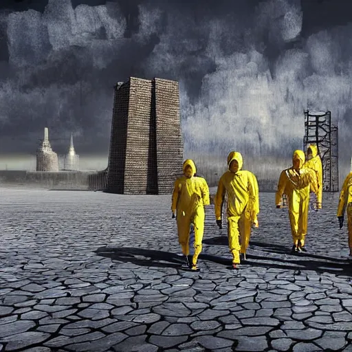 Prompt: a surreal landscape with towers in a harsh environment, a group of figures dressed in biohazard suits are walking, digital art